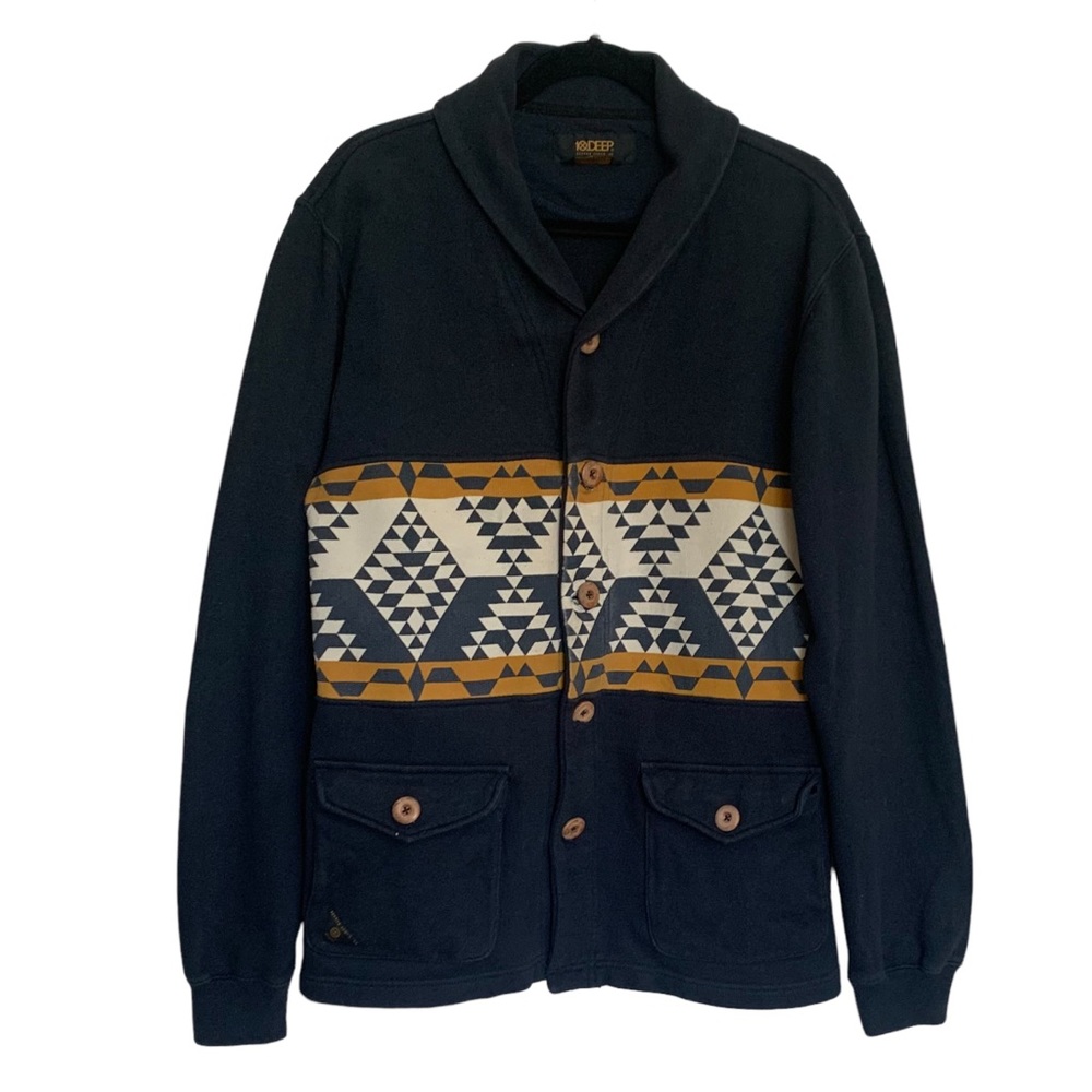 10.Deep Southwestern Elbow Patch Chunky Grandpa Cardigan Sweater Large